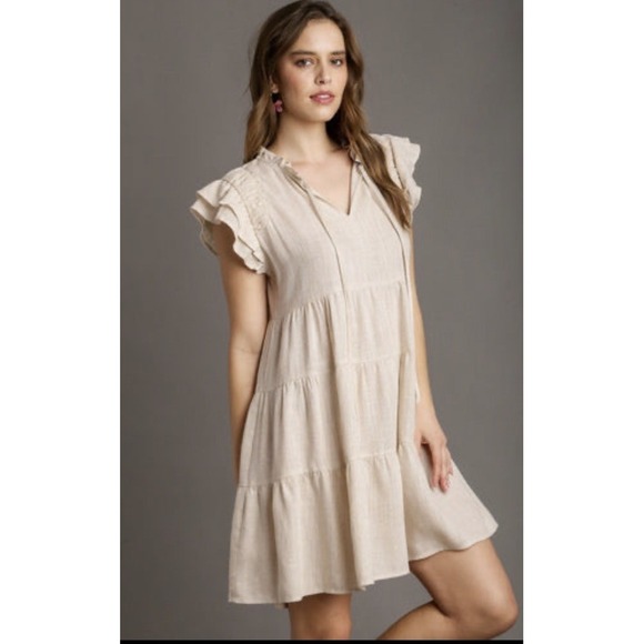 Umgee Dresses & Skirts - Umgee Dress XL‎ Linen Blend Tiered Mini Boho Beige Ruffle Short Sleeve Summer